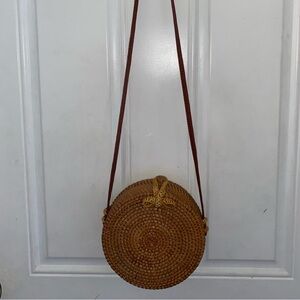 Round Woven Tan Crossbody Bag